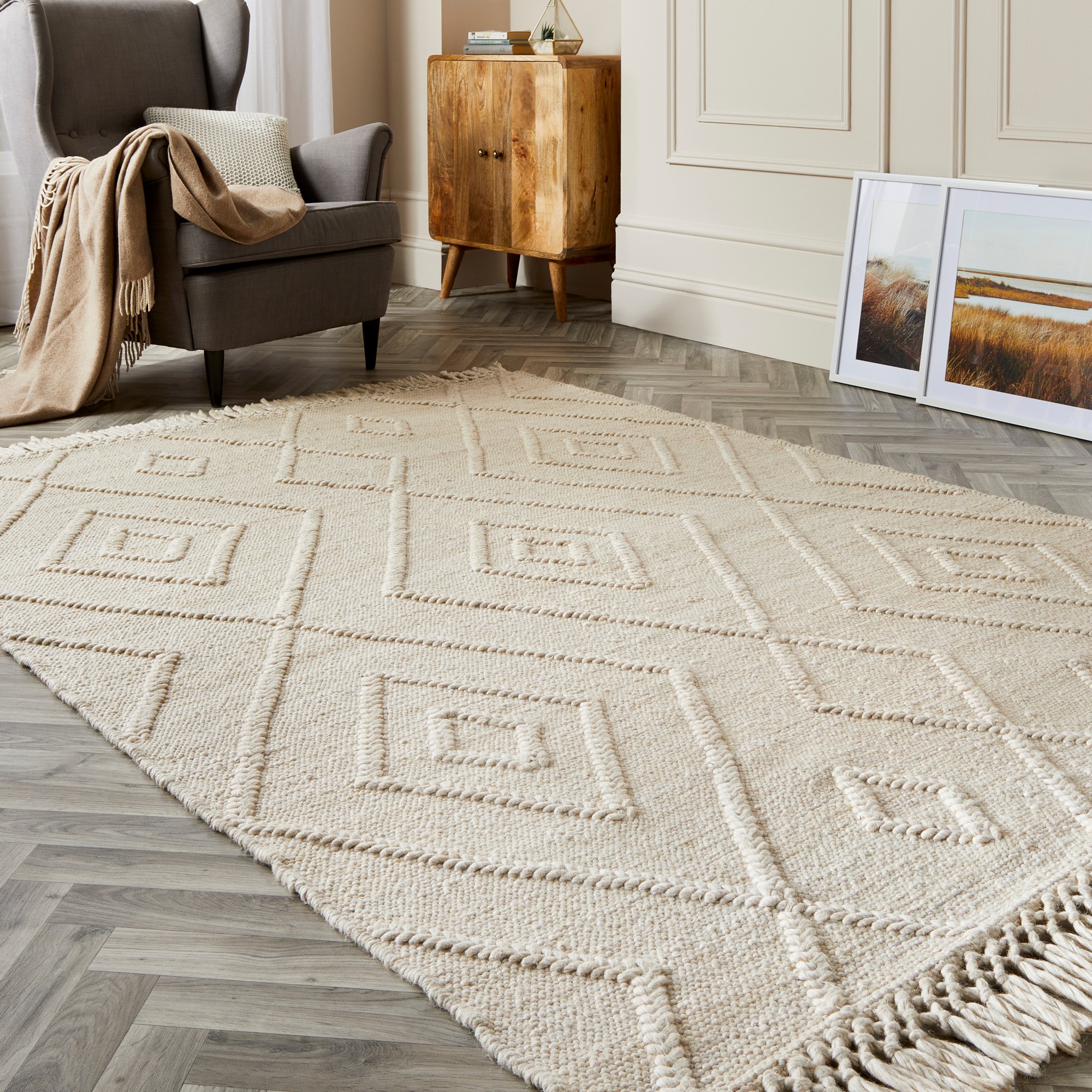 Aran Moroccan Diamond Wool Rug By Origins In Ivory White